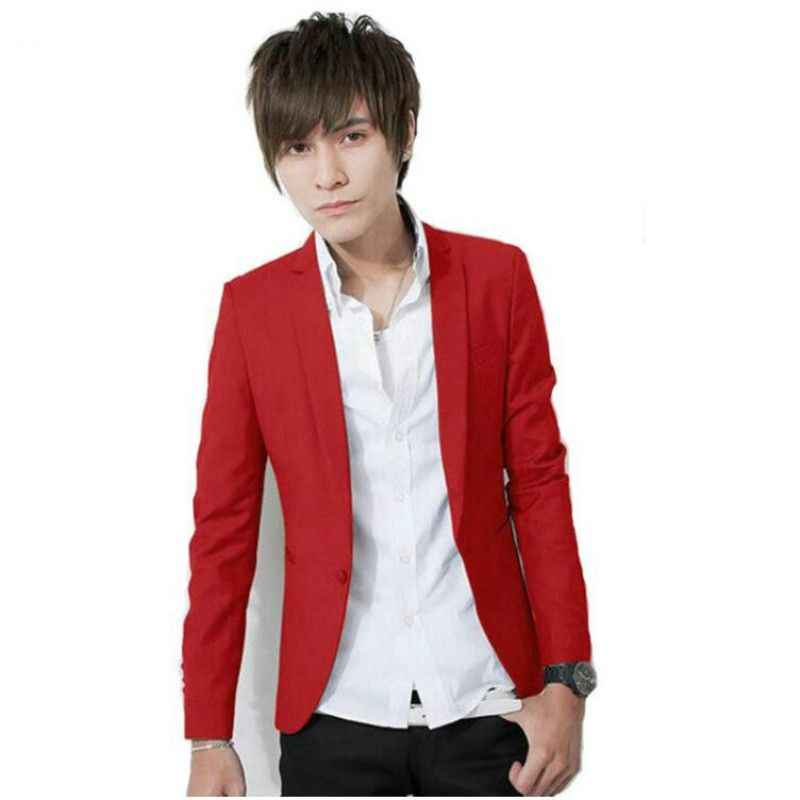 men solid single button blazer