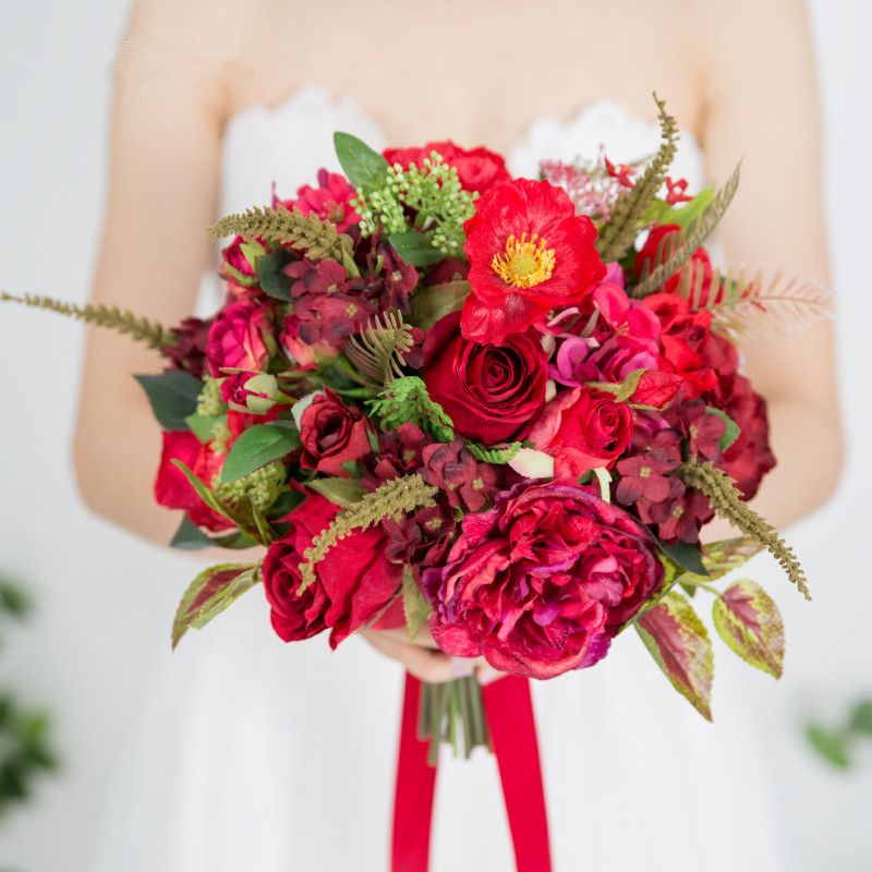 Acheter Modabelle Artificielle Rose Mariée Rouge Bouquet Main Holding Mariage Bouquet De Mariée Pour Les Mariées Fleur Décorations Déglise De 5609