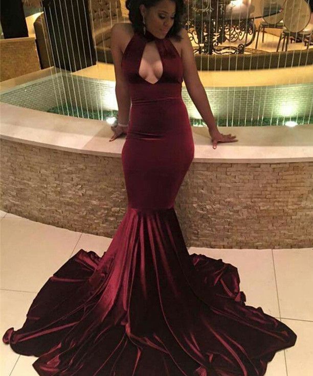 burgundy mermaid prom dress