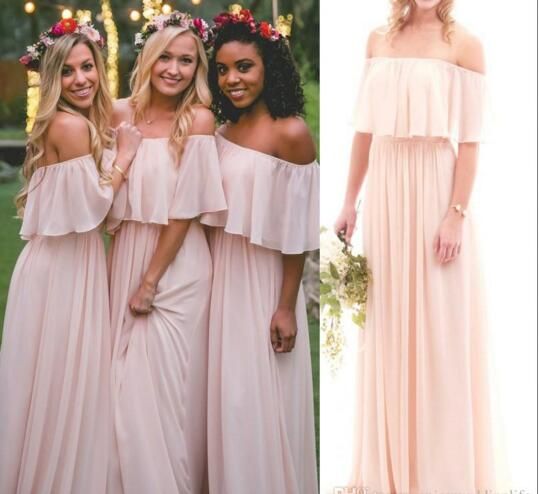 dusty rose off the shoulder bridesmaid dress