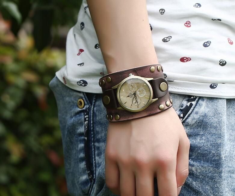 2017 nueva moda 100% pulsera de cuero genuino reloj remache pulsera ancha reloj de