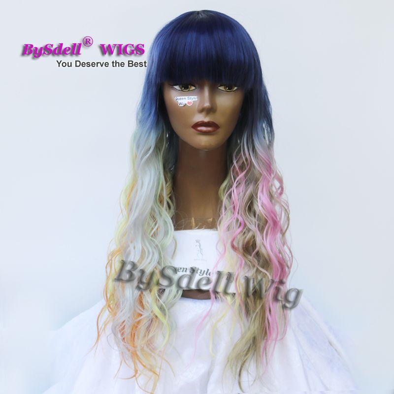 Mermaid Rainbow Color Hair Wig Synthetic Dark Blue Root Ombre Pink