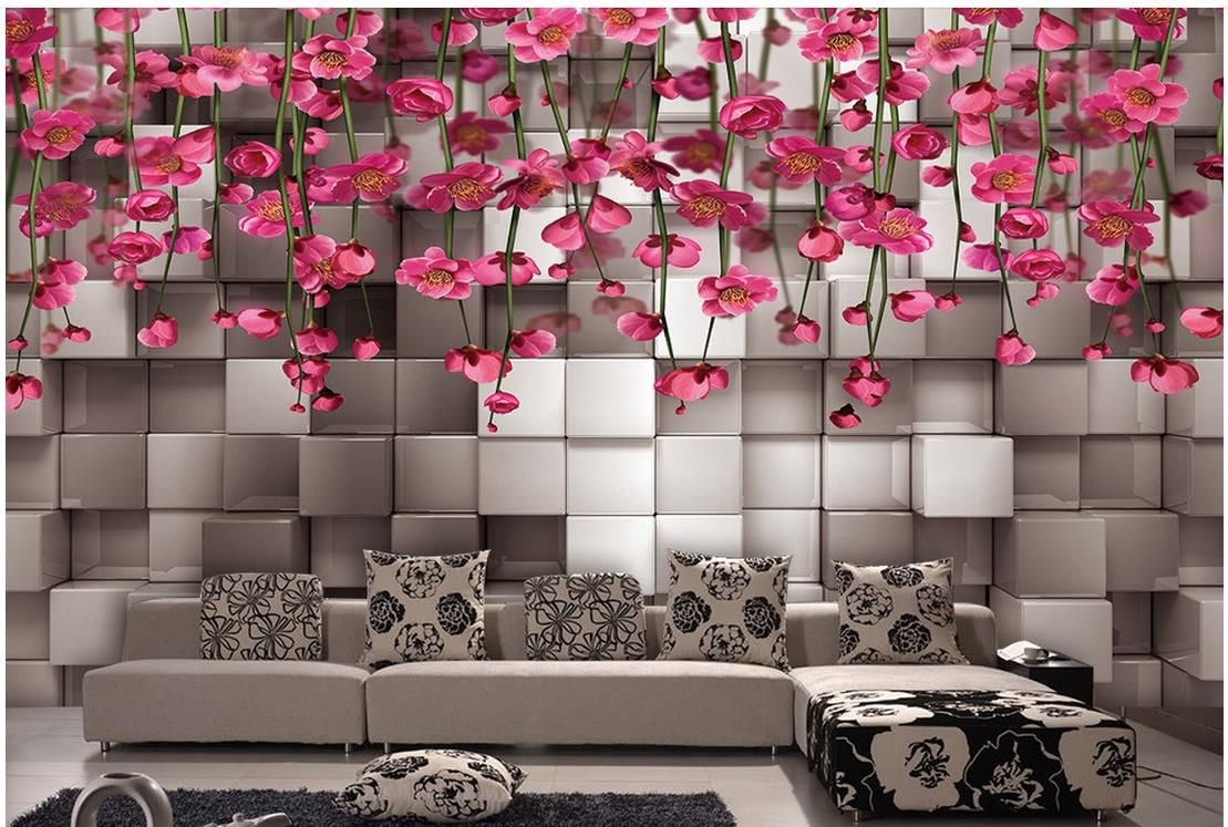 3d wallpaper for room Three-dimensional black and white squares red flower  vine TV backdrop custom 3d wallpaper
