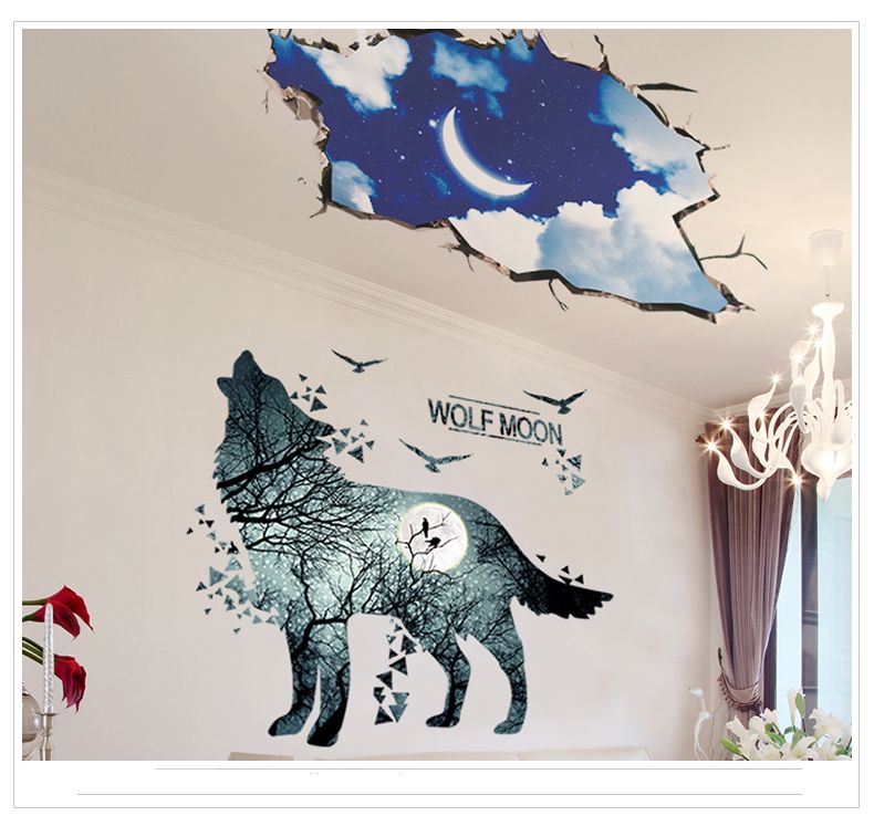 Forest Animals Wall Sticker Decor Diy Wallpaper Art Decals Deer Wolf Moon For Bedroom Room Home Decoration Black Wall Art Stickers Black Wall Decals