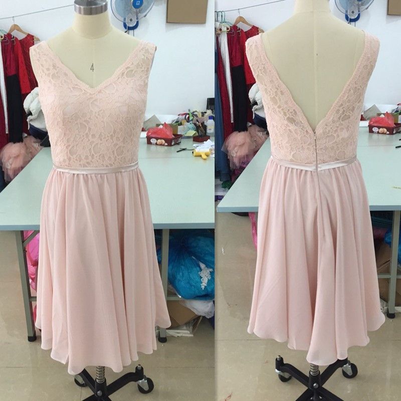 Short Bridesmaid Dresses 2017 Blush Pink Lace V Neck Knee ...