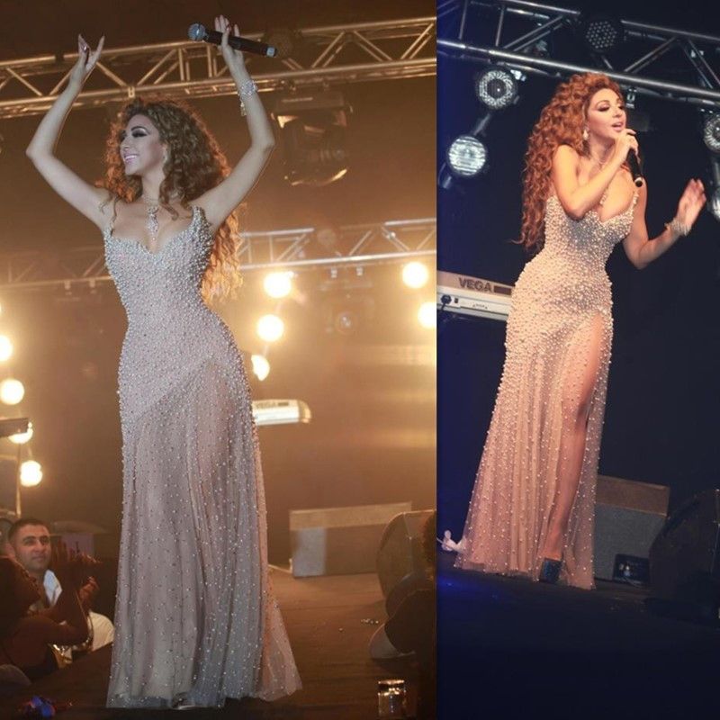 Myriam Fares Nude Prom Dresses Spaghetti Straps Tulle Sheath Hard Beaded Pearls Evening Party Gowns Cut Out Split 2018 Custom Made Dress Le Femme Prom