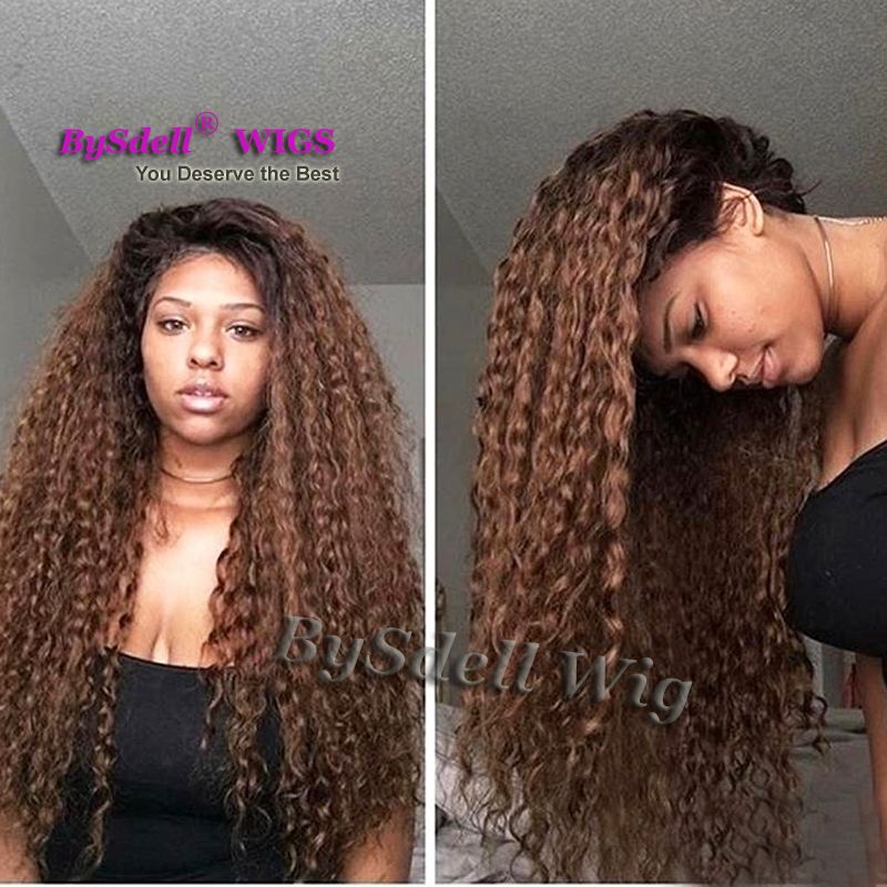 Two Tone Black Ombre Coffee Brown Color Water beach Kinky Curly Hair Lace  Wig Synthetic Lace Front Wigs for Chocolate Skin Women