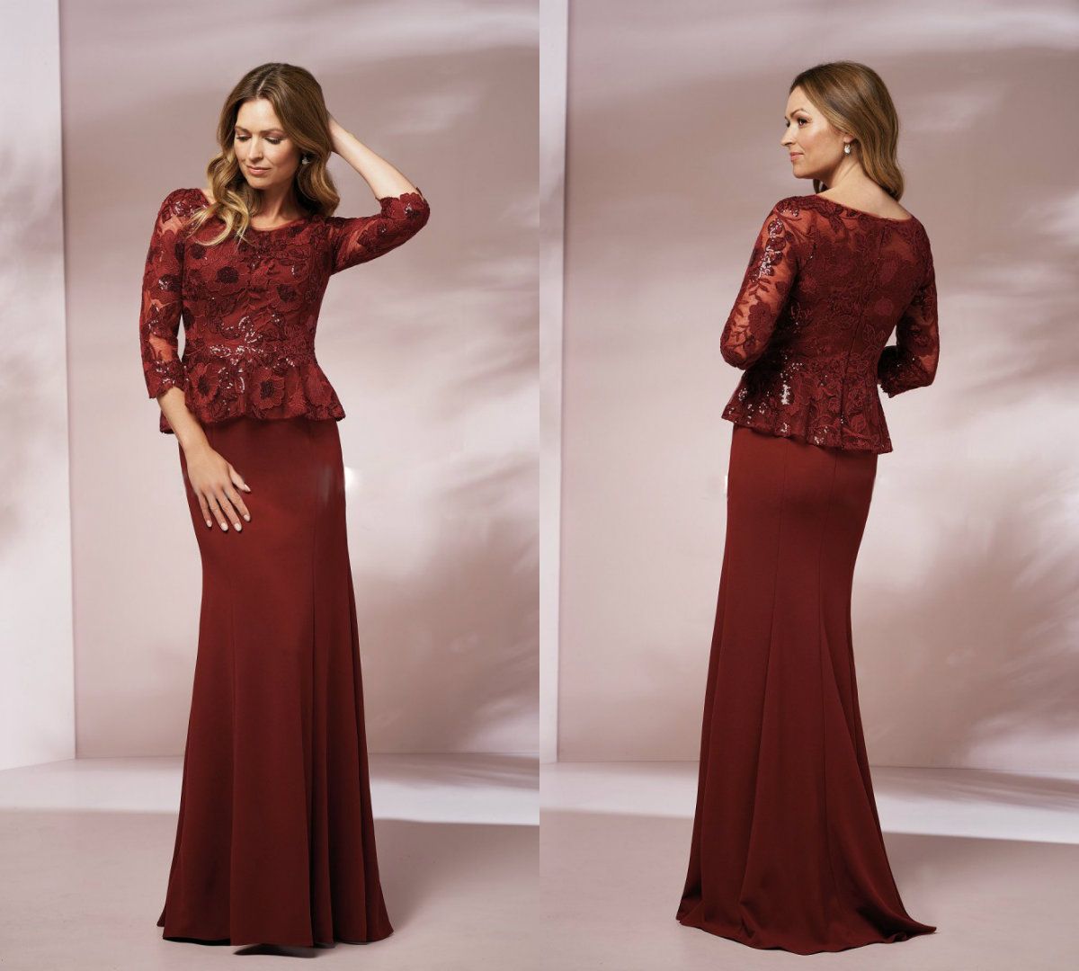 Burgundy Long Mother Of The Bride Dresses 3/4 Long Sleeve Lace Applique