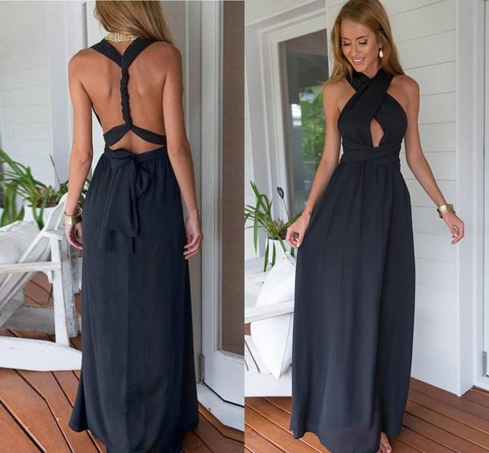 New Design Sexy Black Chiffon Prom Dresses 2017 Cross Back V Neck