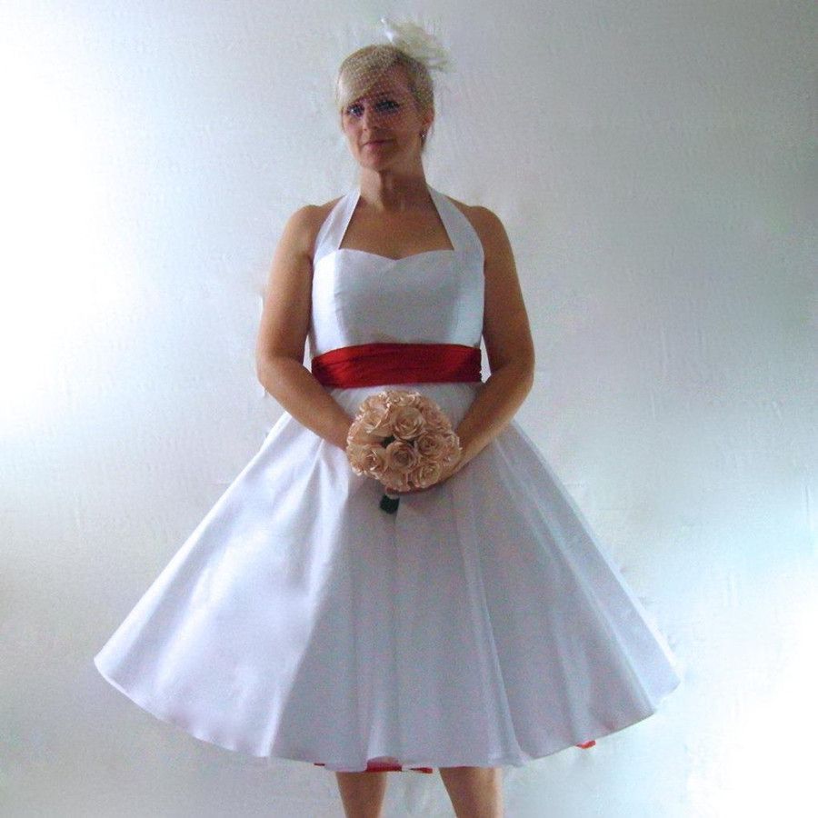 halter neck tea length wedding dress