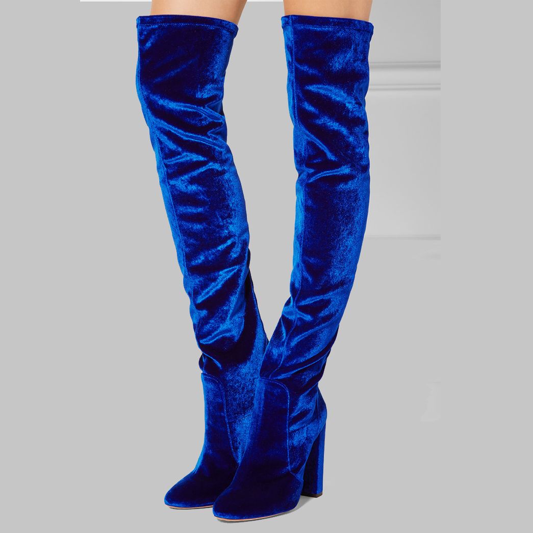 thigh high blue velvet boots