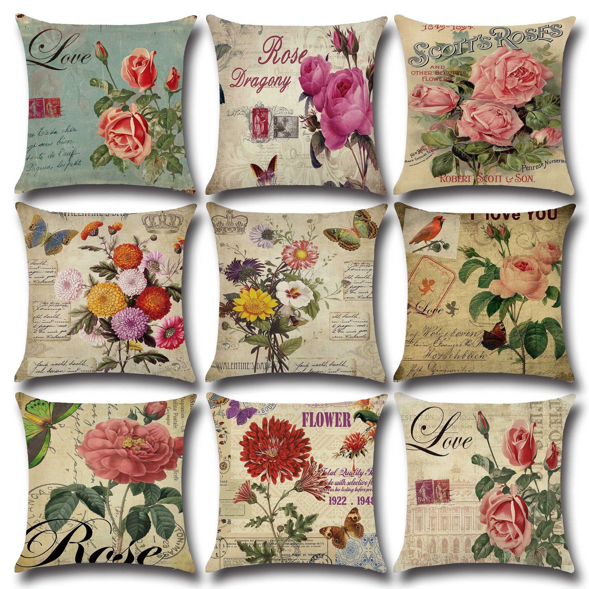 American Country Rose Pillowcase Cotton Linen Pillow Cover Europe