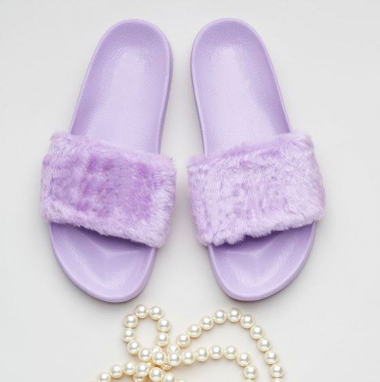 purple fur slippers