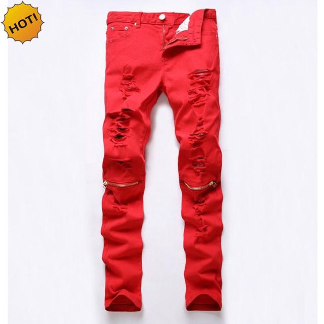 Compre Moda 2017 Mens Jeans Skinny Homens Estiramento Cor Vermelha Calças De Brim Dos Homens Hip Hop Reta Buraco Rasgado Na Altura Do Joelho Corte Zipper Clube Hip Hop Calças De Cherishluo,