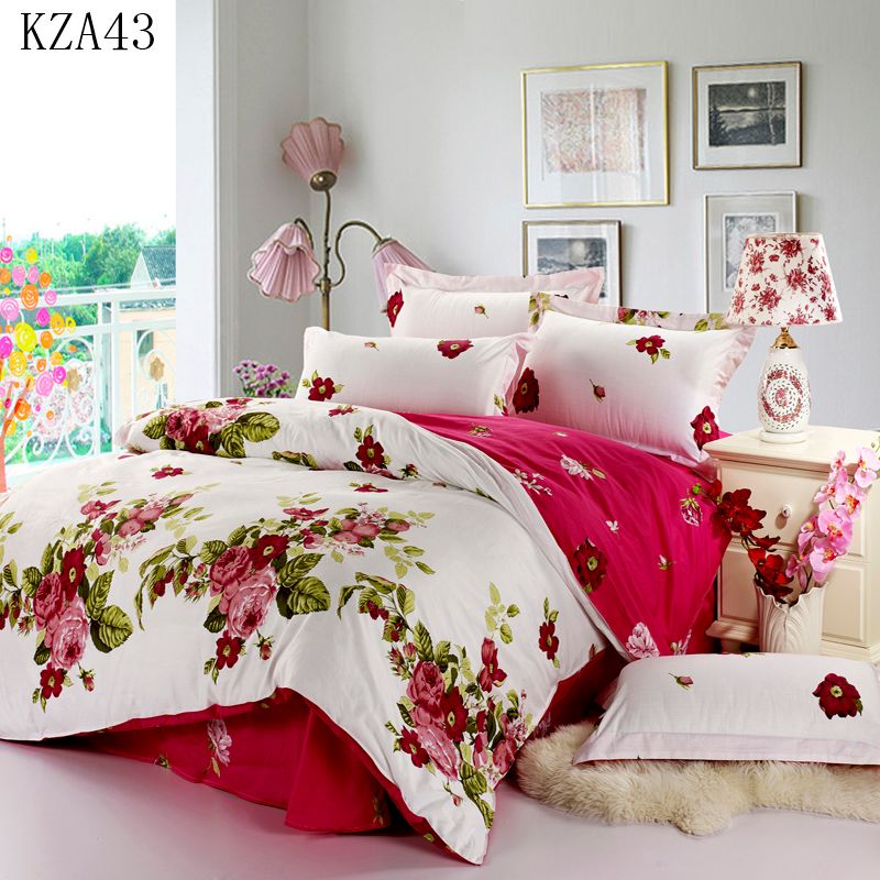 4PCS Floral Printed Red Roses Garden 100% Cotton Sheets & Ruffled Pillowcases 