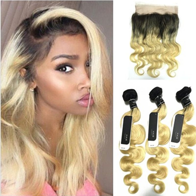 2019 Dark Roots Blonde 360 Lace Frontal With Bundles Two Tone 1b