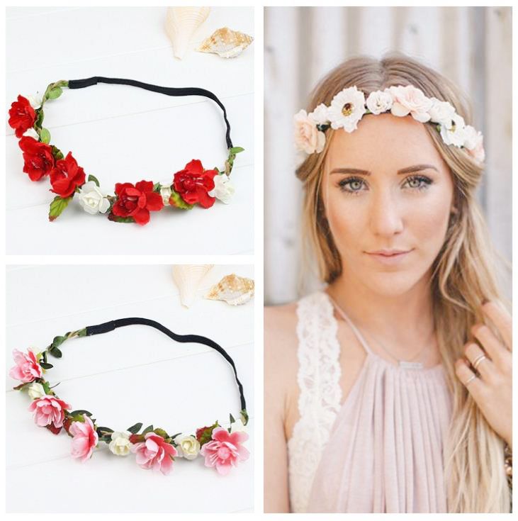 Bride Flowers Headband Bohemian Rose Flower Crown Headband Ladies Elastic Beach Hair Accessories,1