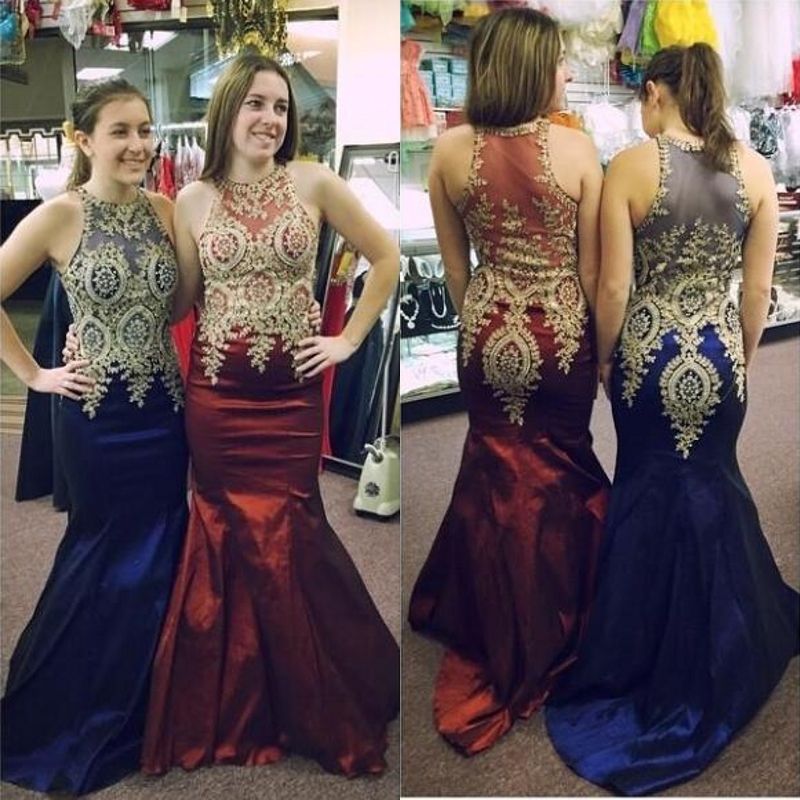 2019 Beautiful Prom Dresses With Gold Details And Sleeveless Lace Appliqued Dark Red Satin Royal Blue Evening Gowns Prom Dresses Lace Prom Dresses Las