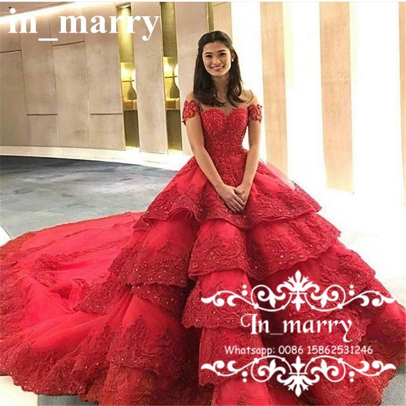 Luxury Ball Gown Michael Cinco Wedding Dresses 2017 Off Shoulder Red Vintage Lace Cathedral Train Tiered Luxury Ball Gown Michael Cinco Wedding Dresses 2017 Off Shoulder Red Vintage Lace Cathedral Train Tiered