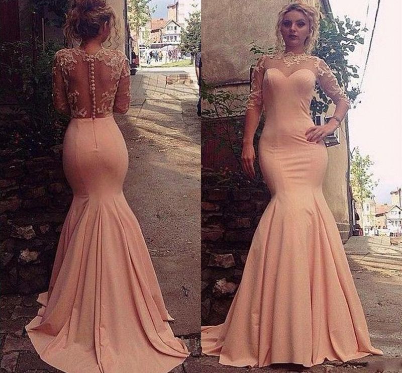 Peach Pink Mermaid Prom Dresses Lace 