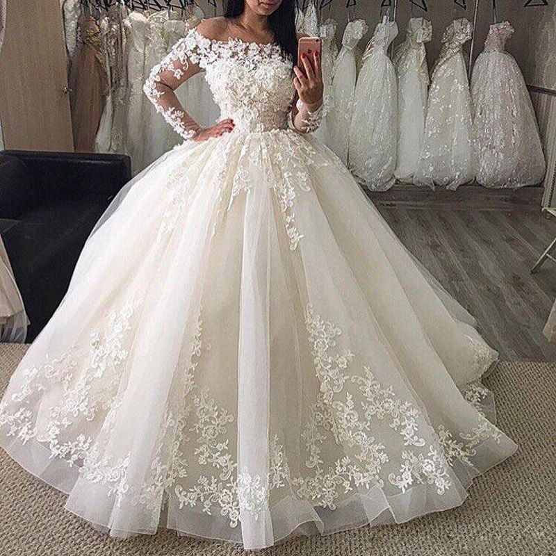 Acheter Robe De Mariée Romantique En Dentelle Appliques Avec Manches Longues Bateau Cou Robe De Bal 2017 Robe De Mariée Robe De Noiva De 16081 Du