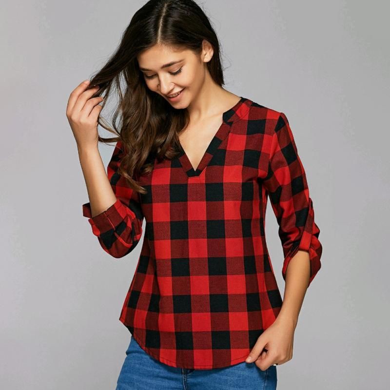 Compra Moda Blusa Larga Estampada A Cuadros Rojos Camisa Femenina Invierno  Casual Blusas Tallas Grandes Mujeres Tops Otoño Outwear Chemise Tops Barato  | Entrega Rápida Y Calidad | Es.Dhgate