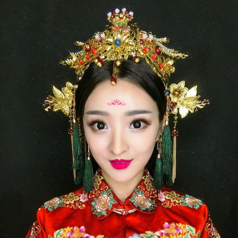 Chinese Traditional Bridal Headdress Long Red Greentassels Hairpin