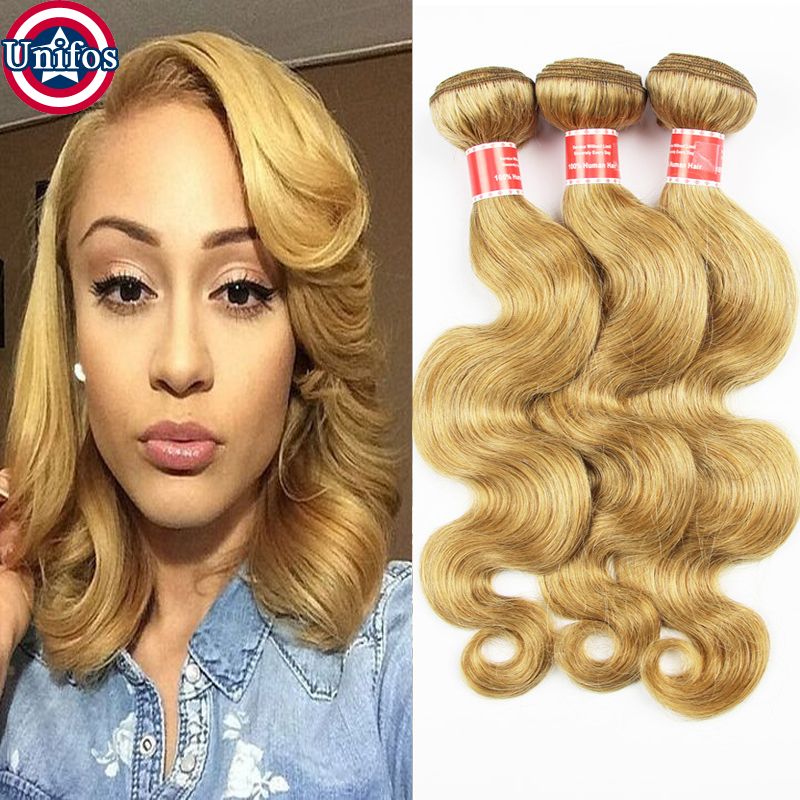 Unifos Honey Blonde Virgin Hair Weave Brazilian Body Wave Human Hair Extensions Color 27 Brazilian Virgin Hair Body Wave Cheap Hair Weaves Good Cheap