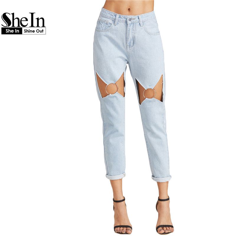 Al por mayor- SheIn Boyfriend Jeans para Cintura baja para mujer Pantalones vaqueros blanqueados Azul