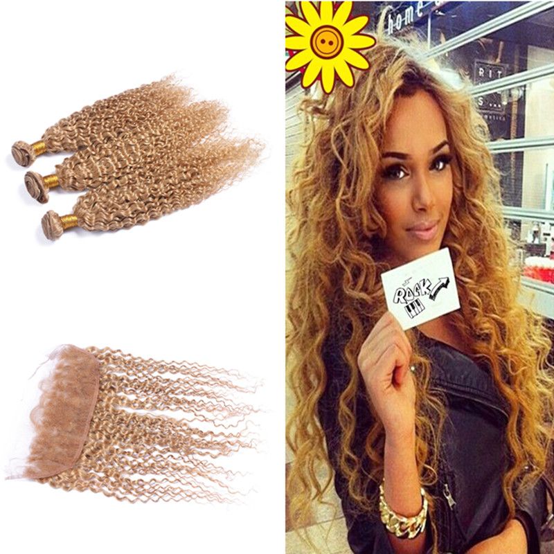 Top Quality Pure Color 27 Honey Blonde Kinky Curly Ear To Ear
