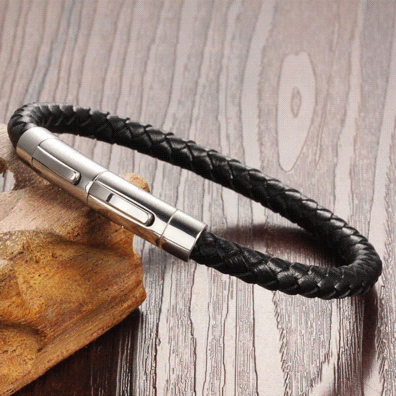 Pulsera De Cuero Negro Popular Brazalete De Cuero De Acero Y Pulsera De Cuero Negro Popular Brazalete De Cuero De Acero Y