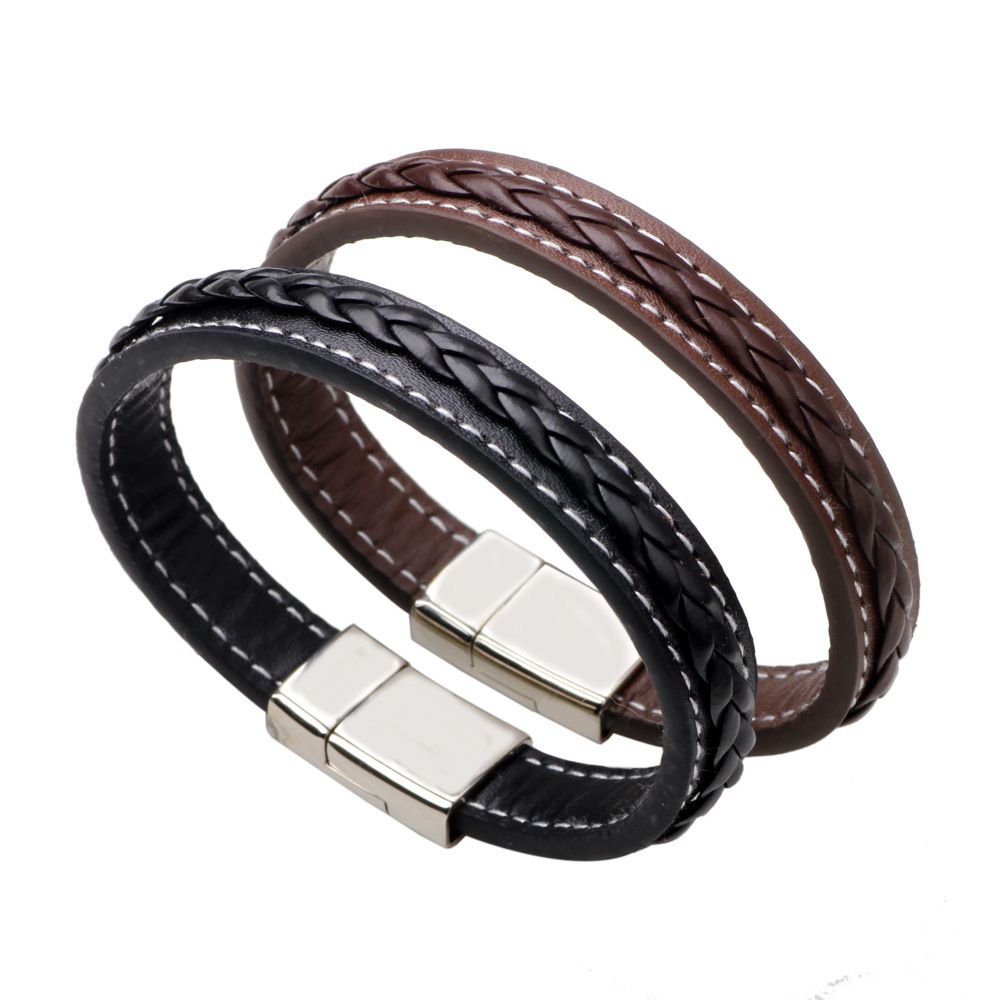 Mens Style Buckle Bracelet Bangle Cuff Genuine Leather Braided Stainless Steel