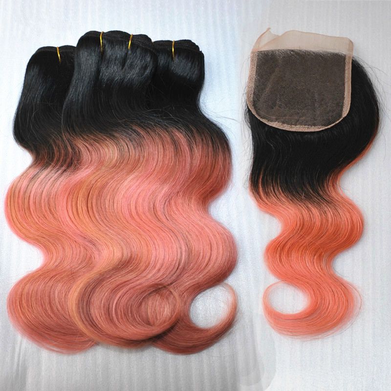 Peruvian 1b Rose Gold Ombre Body Wave Virgin Hair Weave With 4 4