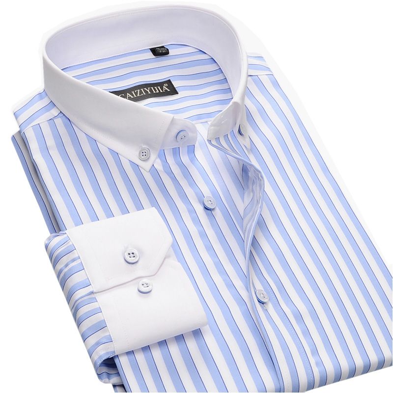 white collar blue striped dress shirt