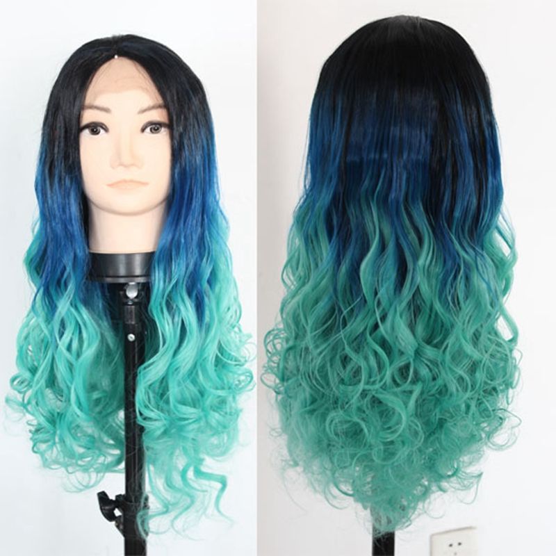 Actural Picture Loose Curly Ombre Black Dark Blue Light Blue Long Hair Synthetic Lace Front Wig Stock Canada 2019 From Celebrityhairwigs Cad 29 77