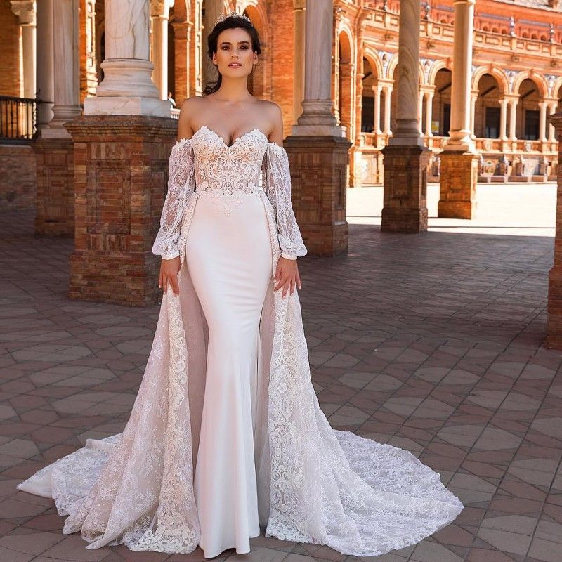 off shoulder long sleeve mermaid wedding dress
