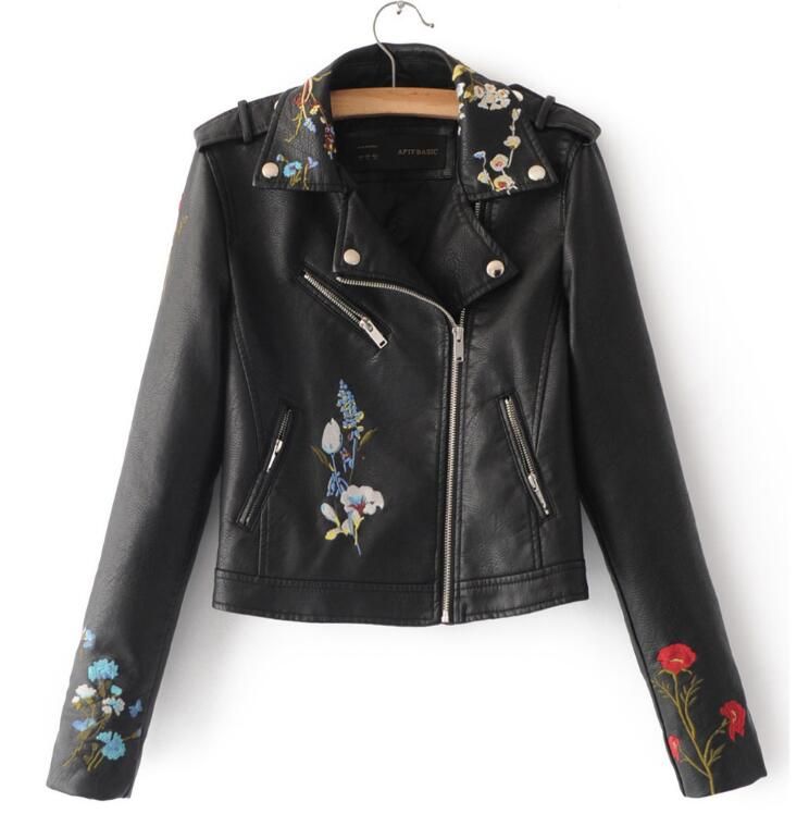 New Autumn Winter Women Pu Faux Leather Jackets Lady Slim Fit Motorcycle Zipper Black Embroidery Coat 5 Colour Blue Jacket Womens From