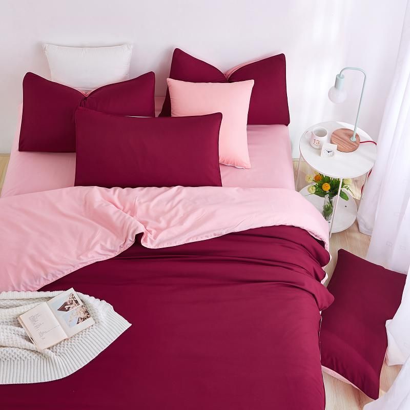 Wholesale 2016 New Minimalist Bedding Sets Red Wine Color Duver Quilt Cover Bed Sheet Beige Pillowcase Soft Comfortable King Queen Full Flannel Duvet