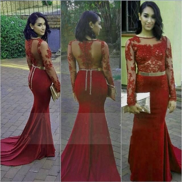 dark red long sleeve prom dress