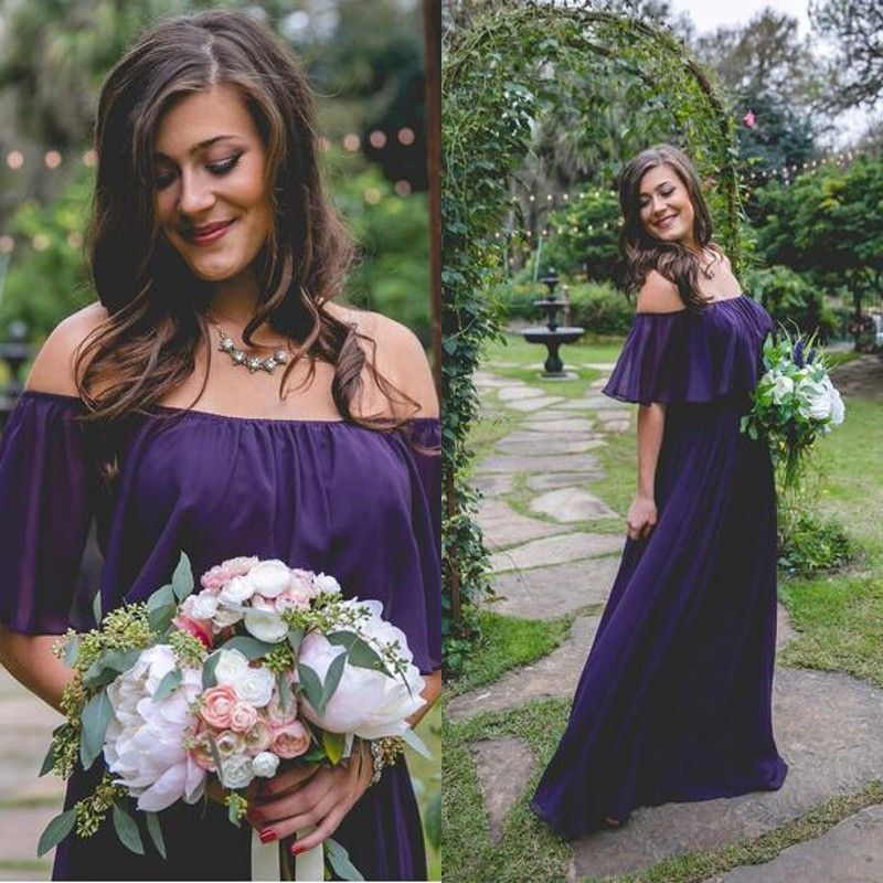 purple off the shoulder bridesmaid dresses