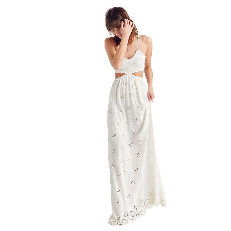 Fashion Summer White Maxi Dress Women Cut Out Floral Embroidery