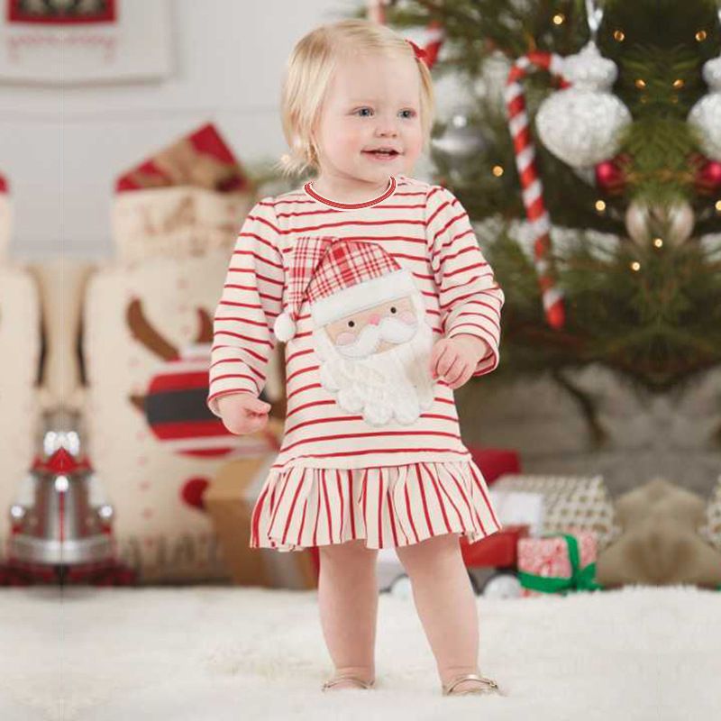 Toddler Baby Girls Christmas Dresses Long Sleeve Ruffle Striped Santa Claus Print Casual Party Outfits Princess Dress