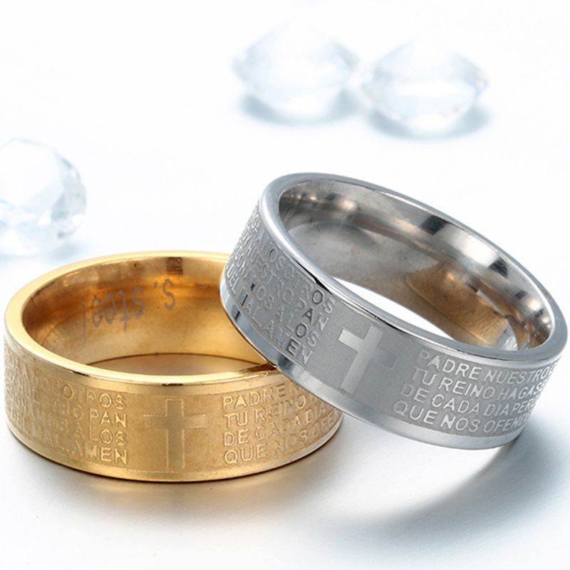Titanium Steel 316L Cross Bible Scripture Rings For Woman Men Wedding