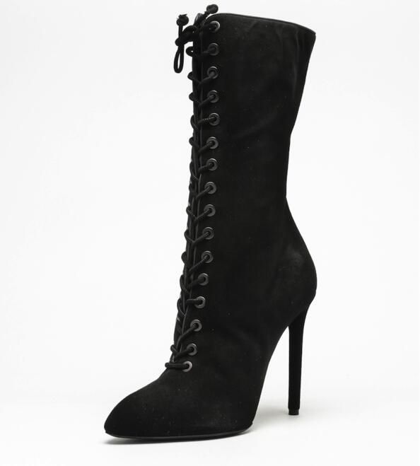 black lace up high heel boots