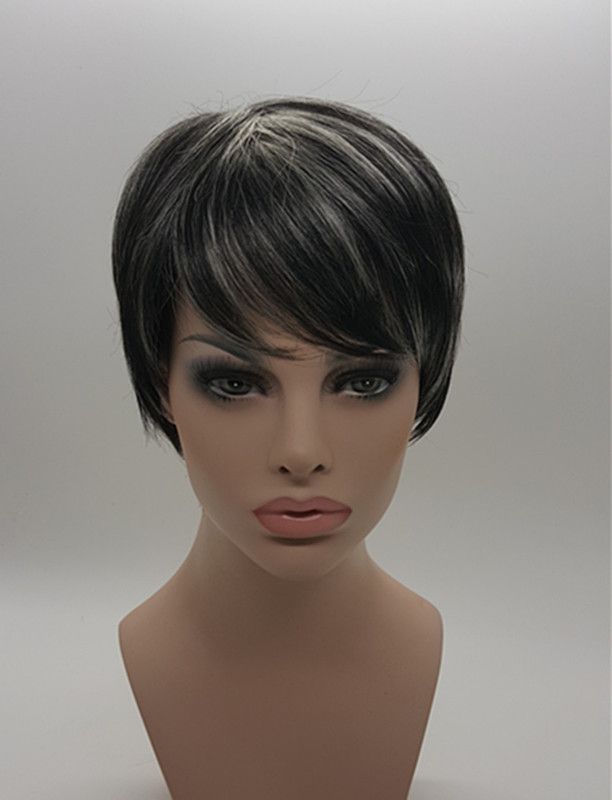 Popular Black Mixed White Inclined Bang Short Hair Asian Women
