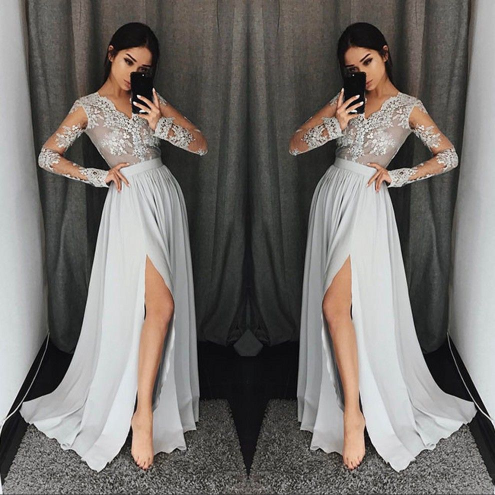 silver grey long dress