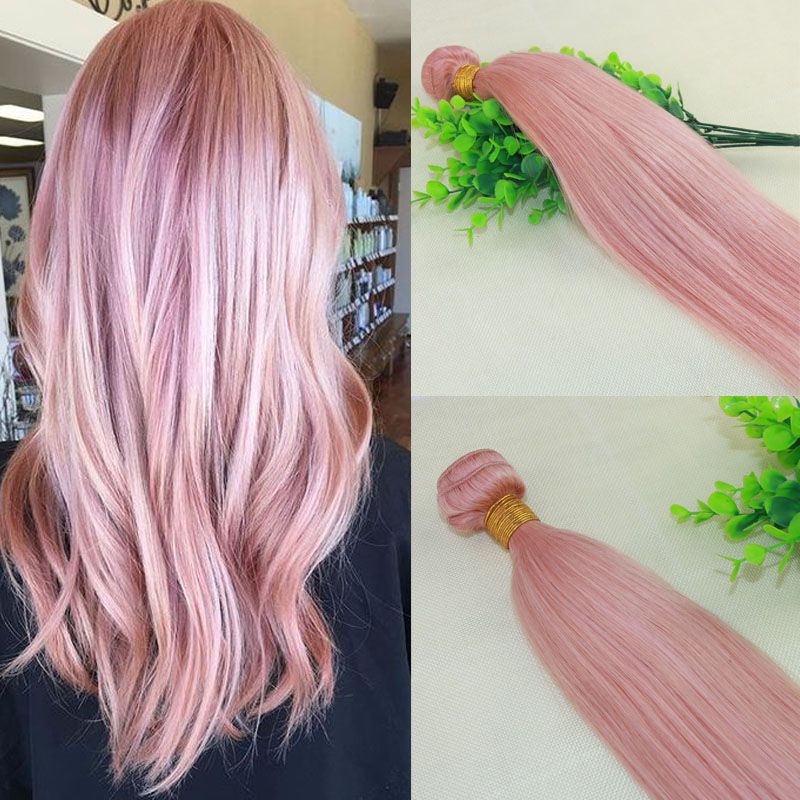 Hot Pink Colorful Human Hair Weave Extensions Rose Gold Brazilian Straight ...