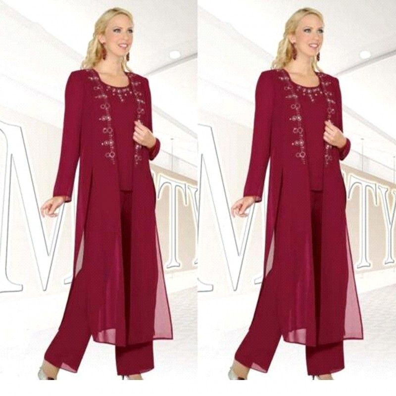 Acquistare Borgogna Tre Pezzi Madre Della Sposa Pantaloni Tute Con Giacche  Maniche Lunghe In Rilievo In Chiffon Abiti Da Cerimonia Madre Pantalone  Abiti BA6672 Economico | Consegna Veloce E Qualità | DHgate Italy