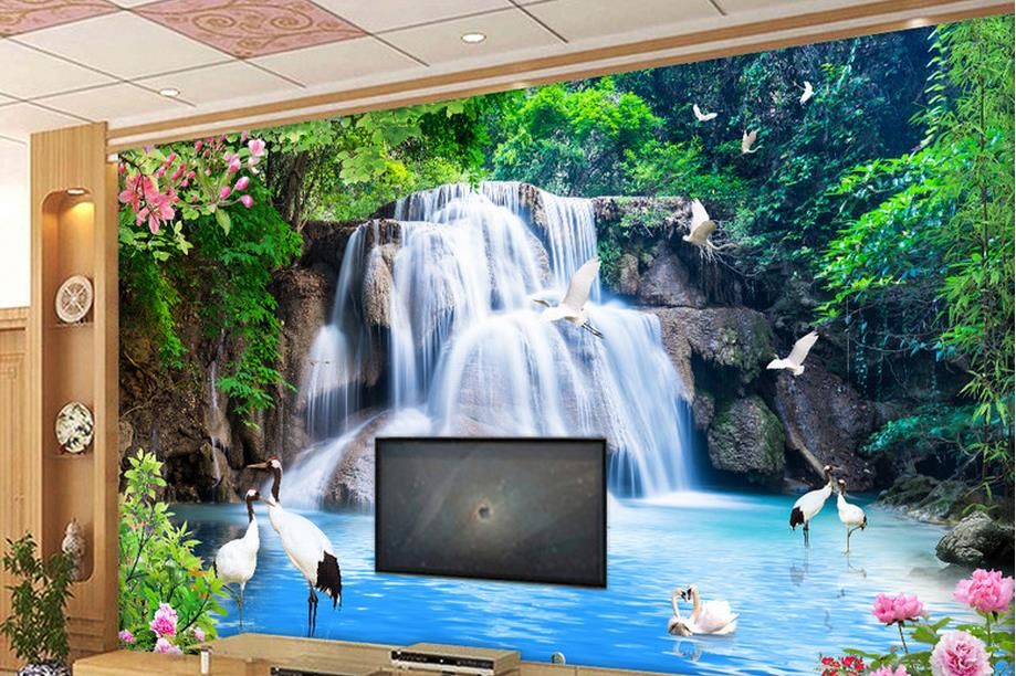 scenery wallpaper Crane Peony waterfall water scenery wall paper scenery wallpaper Crane Peony waterfall water scenery wall paper