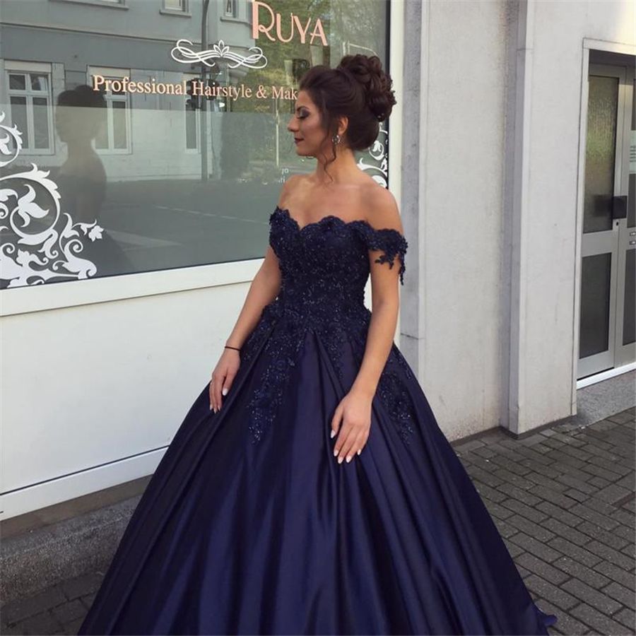 Navy Blue Ball Gowns Off Shoulder Prom Dress Engagement Dresses Applique Lace Corset Back Satin Evening Gowns Prom Dresses Cheap Uk Prom Dresses China
